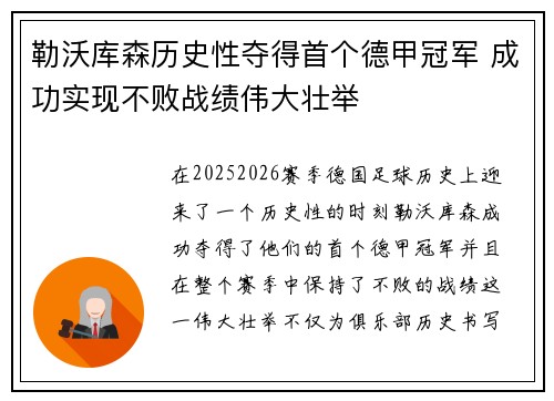 勒沃库森历史性夺得首个德甲冠军 成功实现不败战绩伟大壮举 勒沃库森历史性夺得首个德甲冠军 成功实现不败战绩伟大壮举